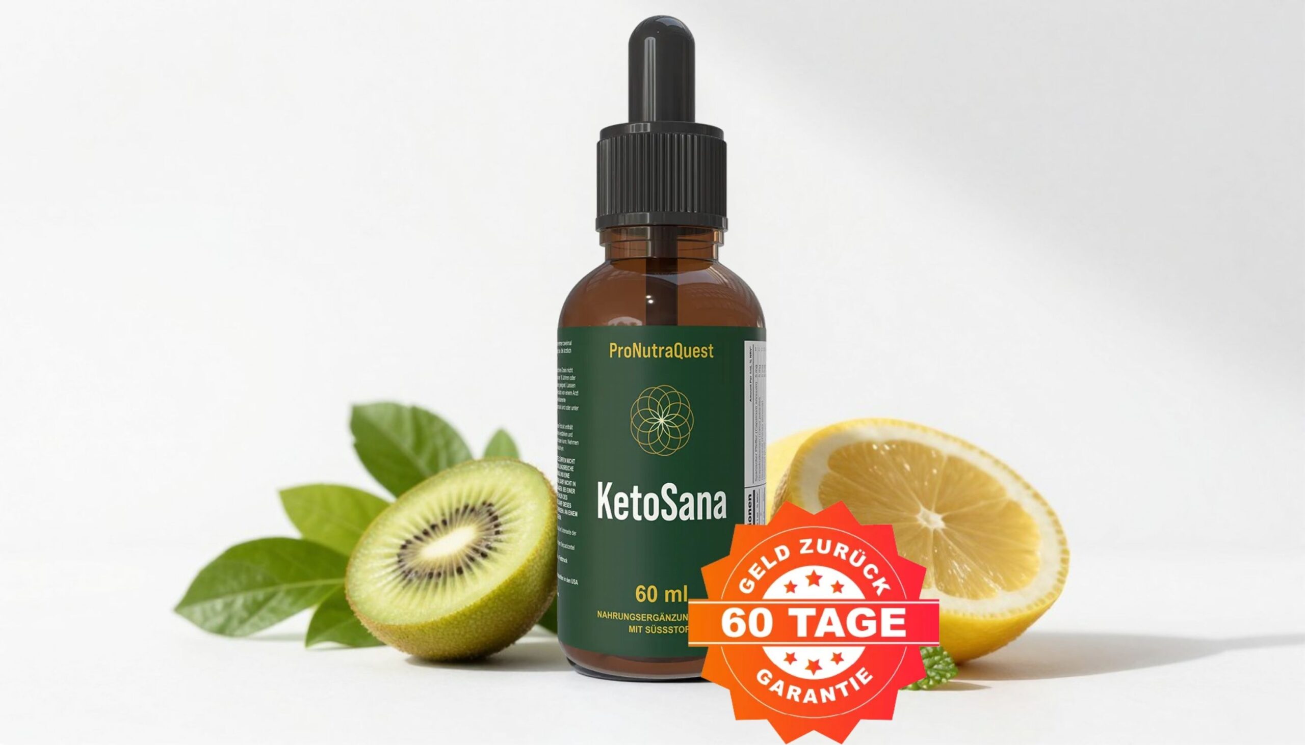 KetoSana Produktverpackung mit Tropfen und natürlichen Zutaten